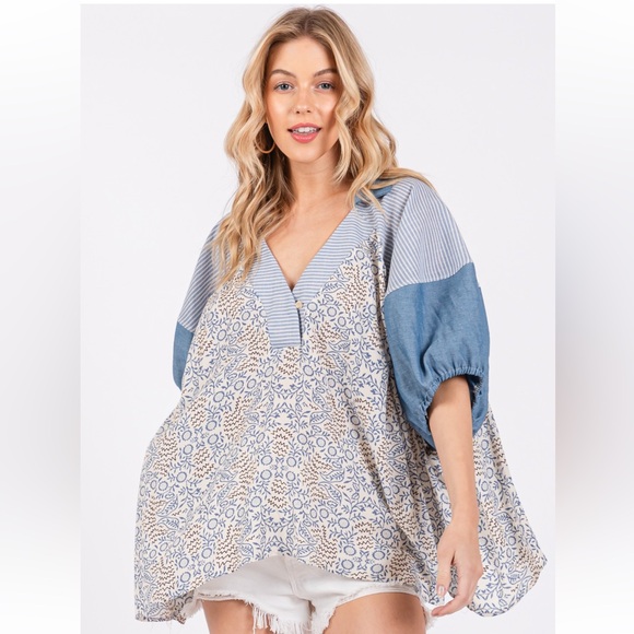 Boho Floral Print Puff Sleeve Tunic Top - Picture 5 of 7